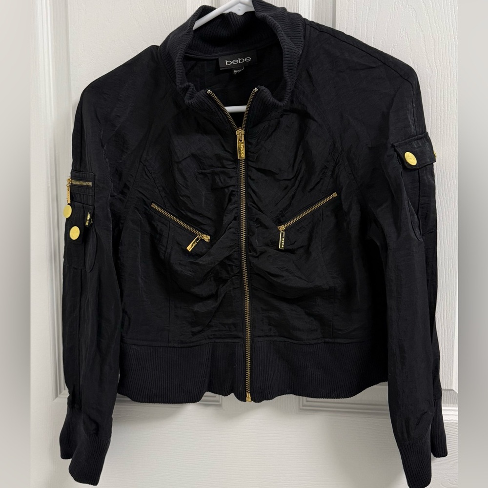 Bebe Black Bomber Jacket with Gold Details